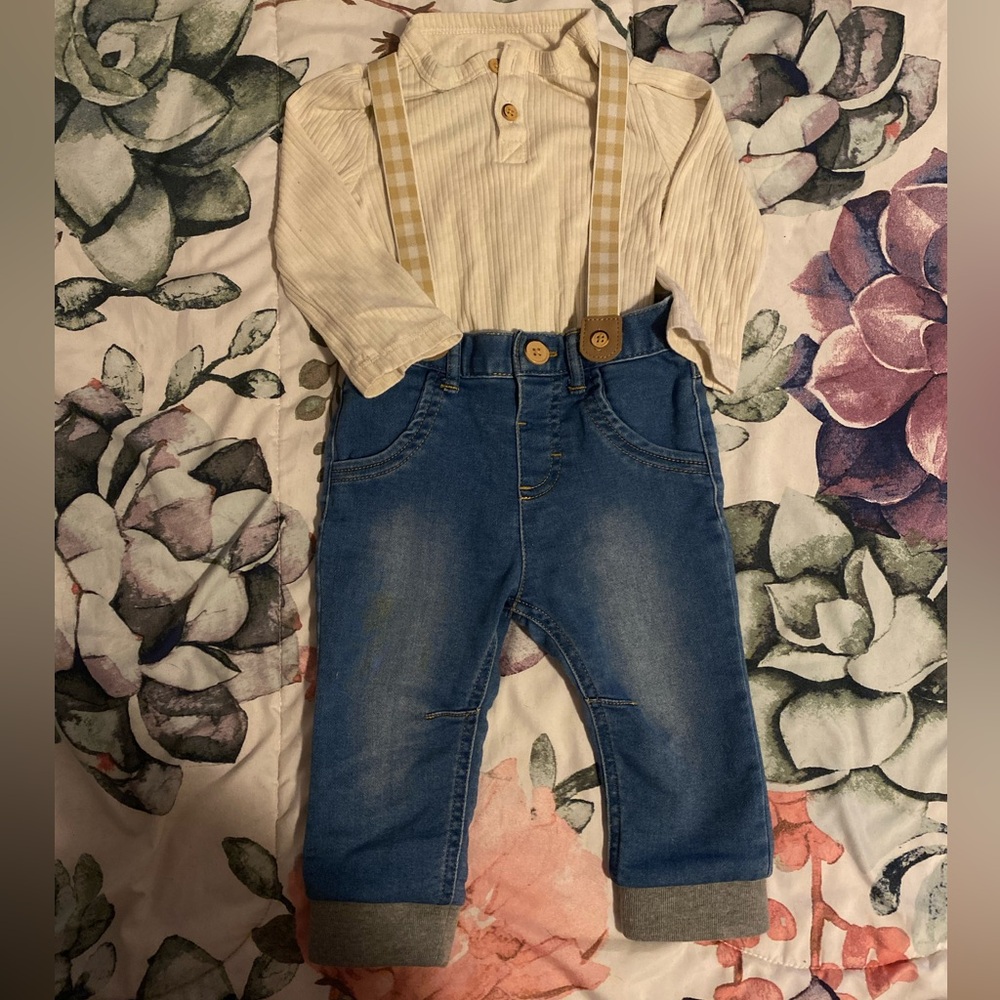 Baby cat & Jack 12m 2pc outfit - cream long sleeve bodysuit, jeans w suspenders